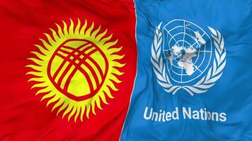 Kyrgyzstan and United Nations, UN Flags Together Seamless Looping Background, Looped Bump Texture Cloth Waving Slow Motion, 3D Rendering video