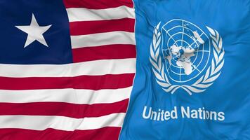 Liberia and United Nations, UN Flags Together Seamless Looping Background, Looped Bump Texture Cloth Waving Slow Motion, 3D Rendering video