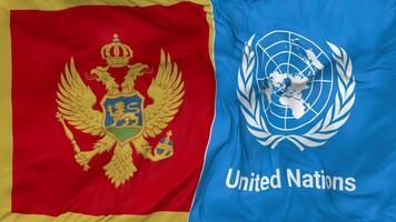 Montenegro and United Nations, UN Flags Together Seamless Looping Background, Looped Bump Texture Cloth Waving Slow Motion, 3D Rendering video