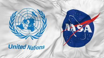 nationale aéronautiques et espace administration, nasa et uni nations, ONU drapeaux ensemble sans couture boucle arrière-plan, en boucle bosse texture tissu agitant lent mouvement, 3d le rendu video