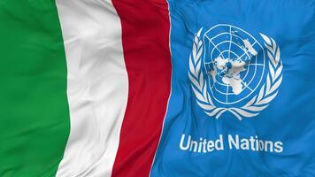 Italy and United Nations, UN Flags Together Seamless Looping Background, Looped Bump Texture Cloth Waving Slow Motion, 3D Rendering video