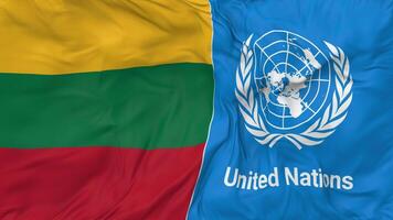 Lituania y unido naciones, Naciones Unidas banderas juntos sin costura bucle fondo, serpenteado bache textura paño ondulación lento movimiento, 3d representación video