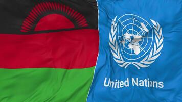 malawi e Unidos nações, un bandeiras juntos desatado looping fundo, em loop colisão textura pano acenando lento movimento, 3d Renderização video