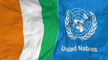 Marfil costa y unido naciones, Naciones Unidas banderas juntos sin costura bucle fondo, serpenteado bache textura paño ondulación lento movimiento, 3d representación video