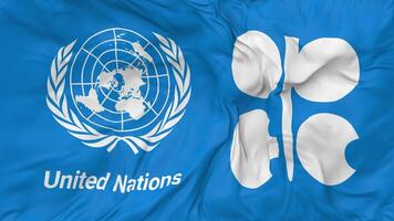 organisation de le pétrole exportation des pays, opec et uni nations, ONU drapeaux ensemble sans couture boucle arrière-plan, en boucle bosse texture tissu agitant lent mouvement, 3d le rendu video