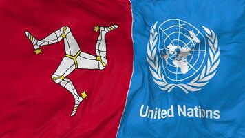 isla de hombre y unido naciones, Naciones Unidas banderas juntos sin costura bucle fondo, serpenteado bache textura paño ondulación lento movimiento, 3d representación video