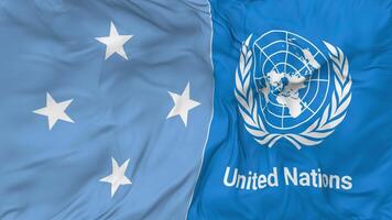 Federated States of Micronesia and United Nations, UN Flags Together Seamless Looping Background, Looped Bump Texture Cloth Waving Slow Motion, 3D Rendering video