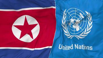 norte Corea y unido naciones, Naciones Unidas banderas juntos sin costura bucle fondo, serpenteado bache textura paño ondulación lento movimiento, 3d representación video