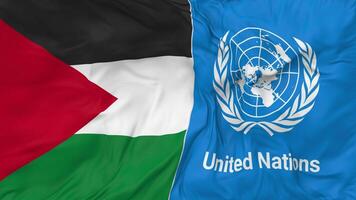 Palestine and United Nations, UN Flags Together Seamless Looping Background, Looped Bump Texture Cloth Waving Slow Motion, 3D Rendering video