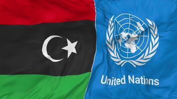 Libia y unido naciones, Naciones Unidas banderas juntos sin costura bucle fondo, serpenteado bache textura paño ondulación lento movimiento, 3d representación video