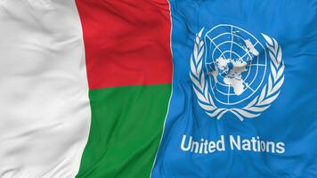 Madagascar and United Nations, UN Flags Together Seamless Looping Background, Looped Bump Texture Cloth Waving Slow Motion, 3D Rendering video