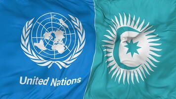 organización de turco estados, os y unido naciones, Naciones Unidas banderas juntos sin costura bucle fondo, serpenteado bache textura paño ondulación lento movimiento, 3d representación video