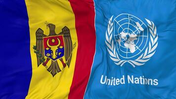 Moldavie et uni nations, ONU drapeaux ensemble sans couture boucle arrière-plan, en boucle bosse texture tissu agitant lent mouvement, 3d le rendu video