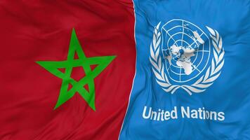 Marruecos y unido naciones, Naciones Unidas banderas juntos sin costura bucle fondo, serpenteado bache textura paño ondulación lento movimiento, 3d representación video