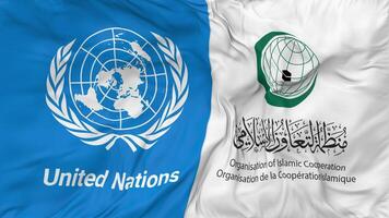 organisation de islamique coopération, oic et uni nations, ONU drapeaux ensemble sans couture boucle arrière-plan, en boucle bosse texture tissu agitant lent mouvement, 3d le rendu video