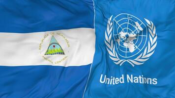 Nicaragua y unido naciones, Naciones Unidas banderas juntos sin costura bucle fondo, serpenteado bache textura paño ondulación lento movimiento, 3d representación video