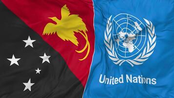 Papua New Guinea and United Nations, UN Flags Together Seamless Looping Background, Looped Bump Texture Cloth Waving Slow Motion, 3D Rendering video