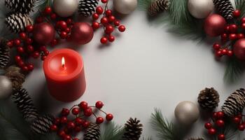 ai generado Navidad árbol decoración con velas, regalos, y pino conos generado por ai foto