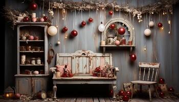 AI generated Cozy winter home, rustic decor, illuminated tree, old fashioned lantern generated by AI photo