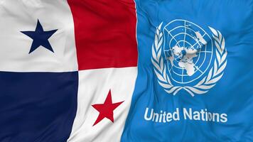 Panamá e Unidos nações, un bandeiras juntos desatado looping fundo, em loop colisão textura pano acenando lento movimento, 3d Renderização video
