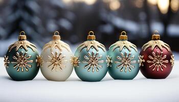 AI generated Winter celebration shiny gold Christmas ornament on snowy background generated by AI photo