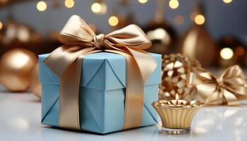 AI generated A festive gift box wrapped in shiny gold decoration generated by AI photo