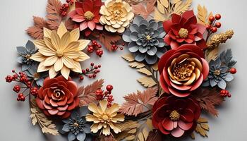 AI generated Nature beauty in autumn colorful leaves, floral patterns, and wreaths generated by AI photo