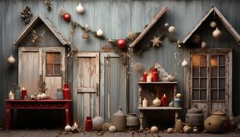 ai generado acogedor cabaña decoración rústico árbol, antiguo pasado de moda linterna, linda juguete generado por ai foto