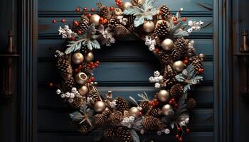 AI generated Winter celebration rustic wreath decorates modern home interior generated by AI photo