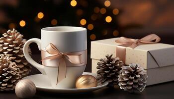 ai generado Navidad decoración, envuelto presente, café taza, conífero árbol, brillante antecedentes generado por ai foto