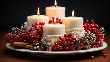ai generado acogedor invierno celebracion con brillante luz de una vela, Navidad decoración, y chocolate generado por ai foto