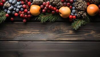 AI generated Rustic wood table with fresh fruit, Christmas tree decoration generated by AI photo