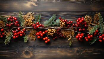 AI generated Rustic wood table adorned with holly wreath and berry fruit generated by AI photo