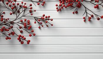 AI generated Winter celebration Rustic tree branch decorates snowy wood backdrop generated by AI photo