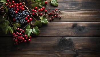 AI generated Rustic wood table adorned with fresh holly wreath and berries generated by AI photo