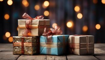 AI generated A shiny gift box wrapped in gold, illuminated with Christmas lights generated by AI photo