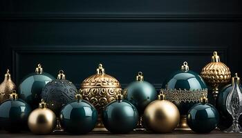 AI generated Shiny gold ornament decorates elegant Christmas tree in vibrant celebration generated by AI photo