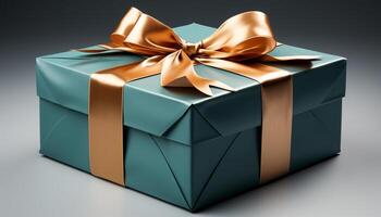 AI generated A shiny gold gift box wrapped in blue wrapping paper generated by AI photo