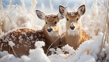 ai generado linda ciervo en invierno bosque, mirando a cámara, rodeado por nieve generado por ai foto