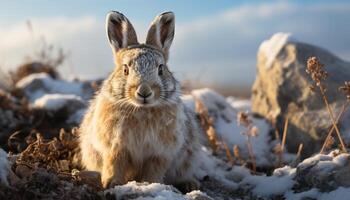 AI generated Cute rabbit sitting in snow, fluffy fur, looking at camera generated by AI photo