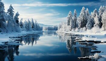 AI generated Winter landscape snow covered mountains reflect tranquil beauty in nature generated by AI photo