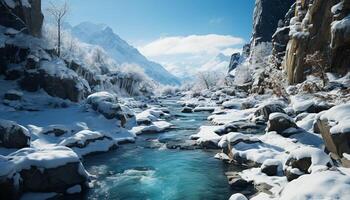 AI generated Winter landscape Majestic mountains, frozen water, tranquil scene, flowing river generated by AI photo