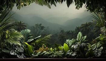 AI generated Tranquil scene green forest, dark mountains, fog, and palm trees generated by AI photo