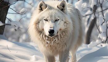 ai generado linda Samoyedo perrito caminando en Nevado ártico desierto generado por ai foto