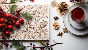 ai generado invierno celebracion madera mesa, copo de nieve beber, decorado árbol, hecho en casa galletas generado por ai foto