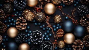 AI generated Winter celebration shiny Christmas ornament, gold ball, abstract tree generated by AI photo