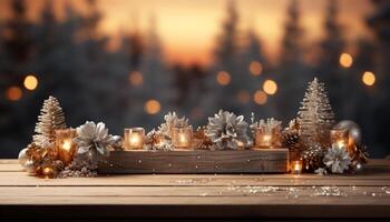 ai generado invierno celebracion brillante Navidad árbol, luz de una vela, nieve, y alegre familia generado por ai foto