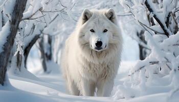 ai generado linda Samoyedo perrito caminando en Nevado bosque, mirando a cámara generado por ai foto