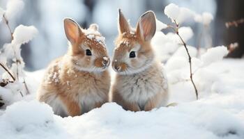 AI generated Cute young rabbits playing in the snowy meadow together generated by AI photo