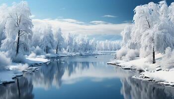 ai generado invierno tranquilo escena nieve cubierto bosque, congelado lago, y majestuoso montañas generado por ai foto